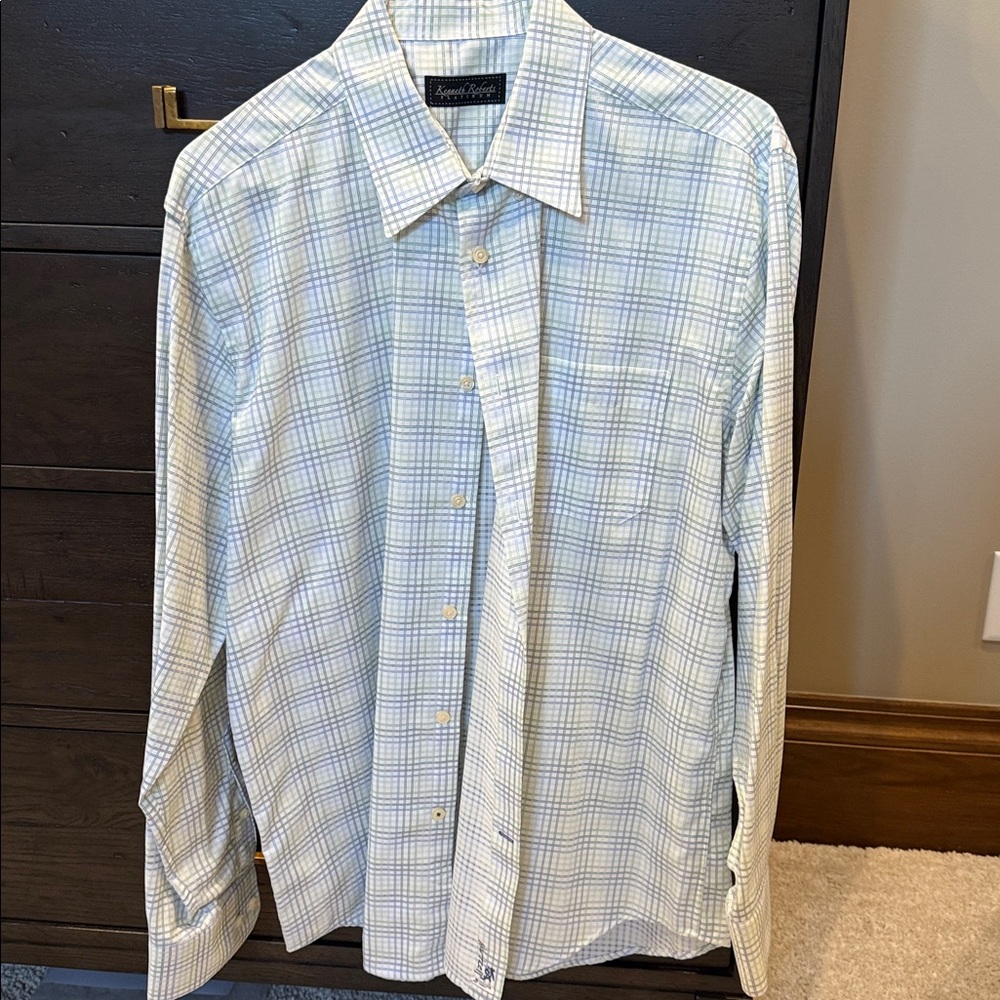 Kenneth Cole Light Blue and White Plaid Shirt